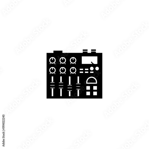 Black electronic control panel with various buttons and switches for audio or lighting systems