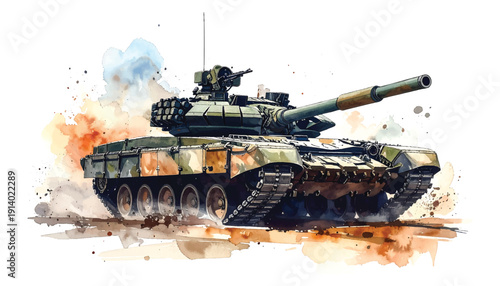 Dynamic watercolor painting of a military tank in motion kicking up illutrastion transparent background