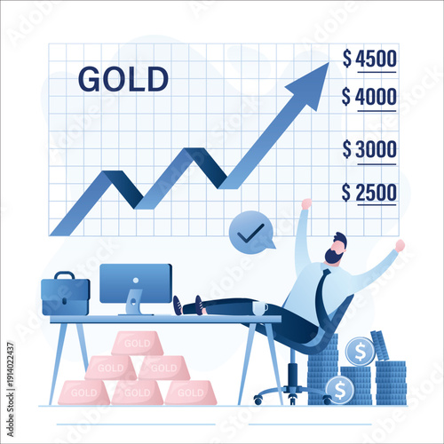 Happy male investor or trader on modern workplace. Fast growing gold chart, financial profit. Successful investments in precious metals, profitable gold buying strategy.