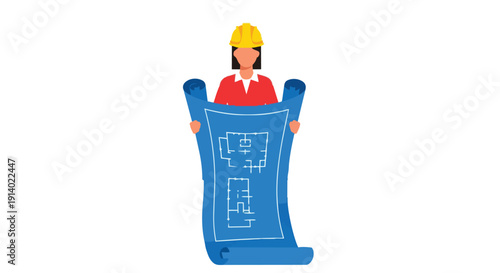 A female architect wearing a hard hat holds up a blueprint with building plans.