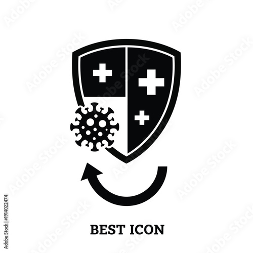 Vector illustration icon black shield with medical cross and virus icon