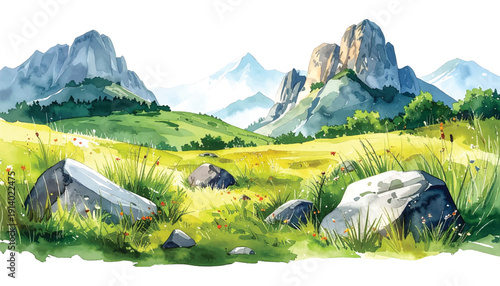 Lush watercolor landscape of rolling green hills and mountains illutrastion transparent background