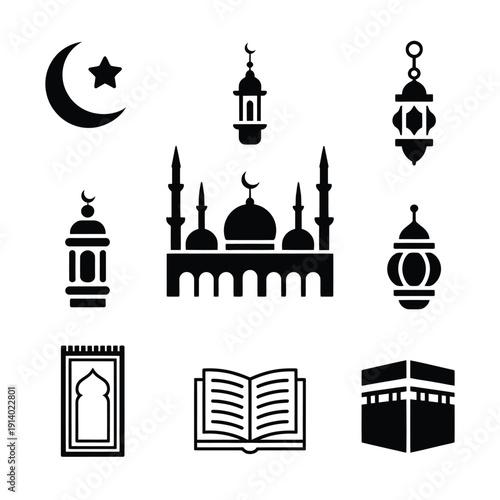 Islamic symbols and elements crescent moon mosque quran and kaaba