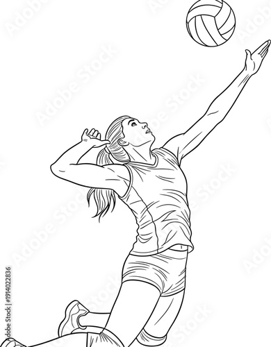 Line art illustration of a female volleyball player jumping to spike the ball during a competitive match on white background