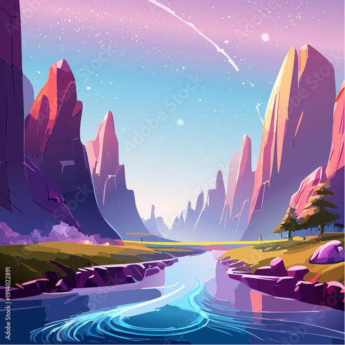 Vibrant Fantasy Landscape of Majestic Canyons and Flowing River Under a Cosmic Sky