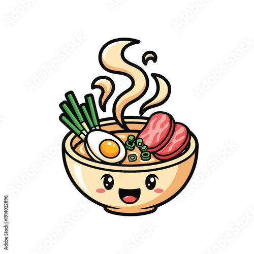 Cute Bowl of Noodle Soup with Egg Meat and Vegetables