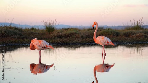Wildlife scene with flamingos standing in a serene lake at dusk from a distant viewpoint