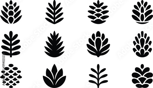Collection of diverse black silhouette icons featuring various pine cones and evergreen leaves on white
