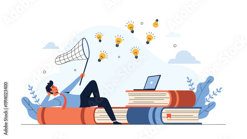 Creative professional lying on pile of books and catching flying lightbulb ideas with a net to boost productivity.