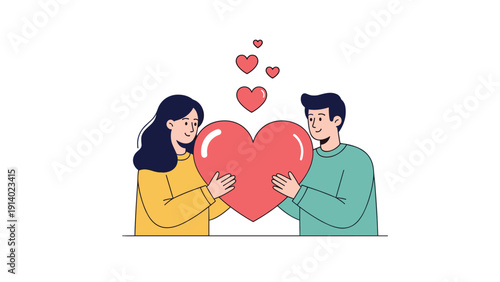 Happy couple holding large red heart together as a symbol of love, romantic relationship, and emotional partnership.