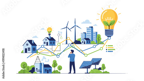 Man analyzing energy efficiency data graph connecting green power sources like solar panels and wind turbines for smart homes.