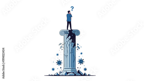 Man standing on top of a cracked ancient column surrounded by virus particles symbolizing economic crisis and uncertainty.