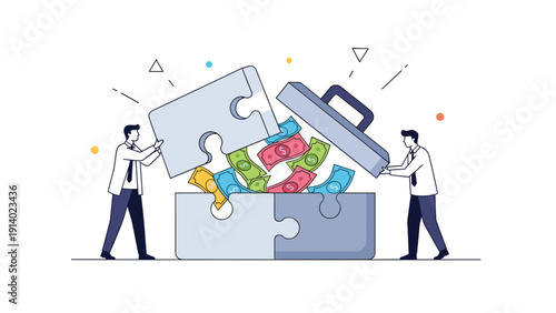 Business partners collaborating to assemble a puzzle shaped like a briefcase filled with money for financial investment.