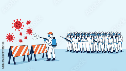 Group of health workers in protective hazmat suits spraying disinfectant to fight against virus particles during pandemic.