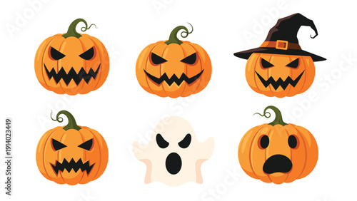 Collection of spooky halloween pumpkins with various expressions and a friendly white ghost icon for seasonal decorations.