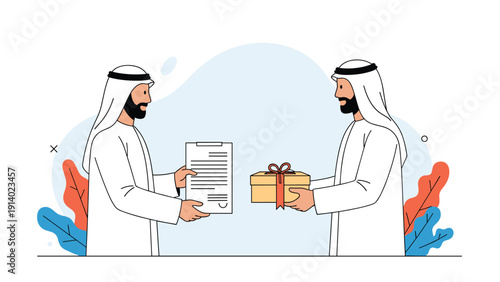 Two arab men in traditional dishdasha exchanging document and gift box representing business deal and gratitude.