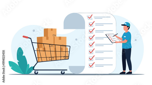 Delivery man checking inventory list with a shopping cart full of packages representing e-commerce and logistics services.