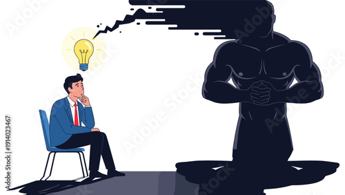 Man sitting in thought with giant muscular shadow representing his inner strength, willpower, and mental potential.