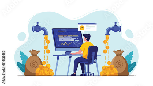 Professional developer working on computer with digital currency pouring from faucets into money bags for passive income.