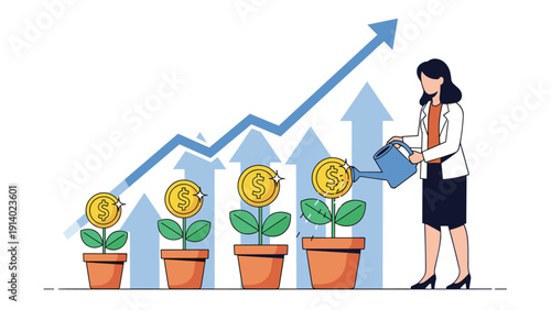 Woman watering money plants with gold coins against a background of rising arrow graphs to show long-term investment growth.