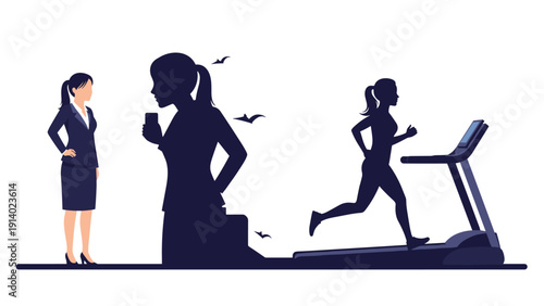 Businesswoman looking at her shadow depicting her inner desire for a healthy lifestyle through fitness and exercise.