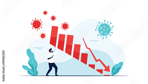 Man struggling to hold up falling bar graph during pandemic crisis representing economic instability and financial rescue efforts.