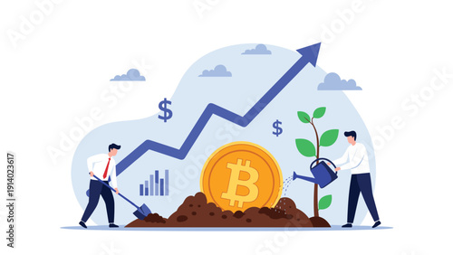 Two professional men planting and watering a bitcoin coin like a seed to symbolize cryptocurrency investment growth.