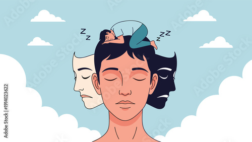 Multi-faced character representing different moods and emotions with a sleeping figure symbolizing rest and mental peace.