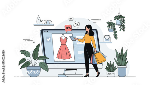 Fashionable woman with shopping bags using computer for online retail experience with various discounts and plant decor.