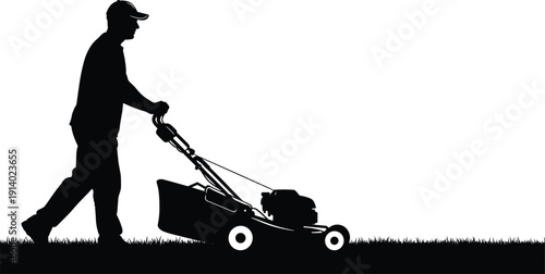 Black silhouette of a man wearing a cap mowing green grass with a lawnmower, garden maintenance, yard work, vector illustration.