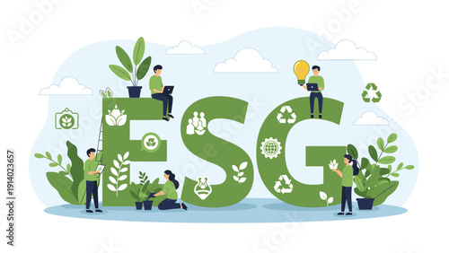 Environmental social and governance team working around large esg letters with green sustainability icons and plants.