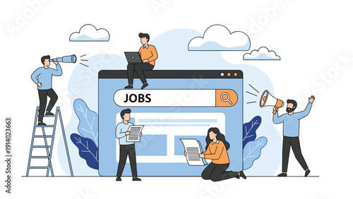 Recruitment team and job seekers using a large search engine bar to find career opportunities and hiring talent.