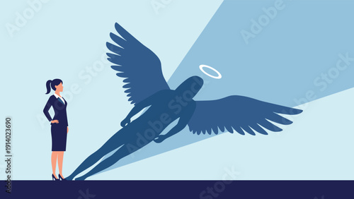 Professional businesswoman standing while her shadow takes the form of an angel with large wings and a halo symbolizing her good character.