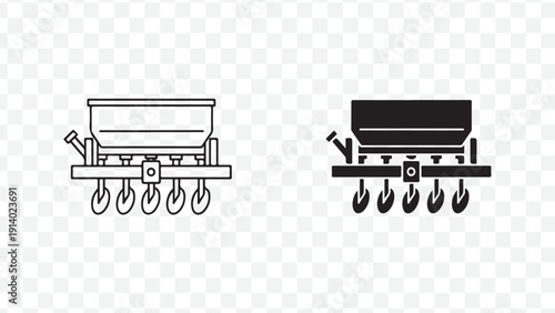 Vector illustration of two seed drills or planters in line drawing and solid black isolated on Transparent Background
