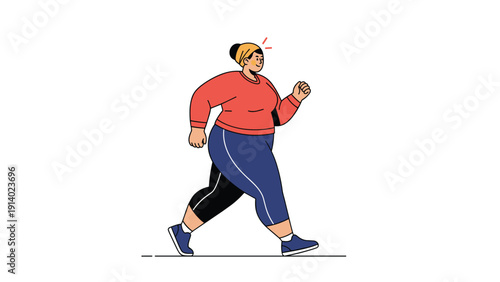 Healthy plus size woman in athletic wear walking briskly as part of her fitness routine and body positive lifestyle on a white background.