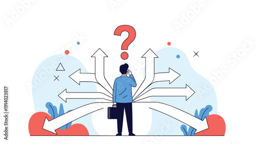 Businessman standing at a crossroads with many arrows pointing in different directions under a large question mark representing a tough decision.