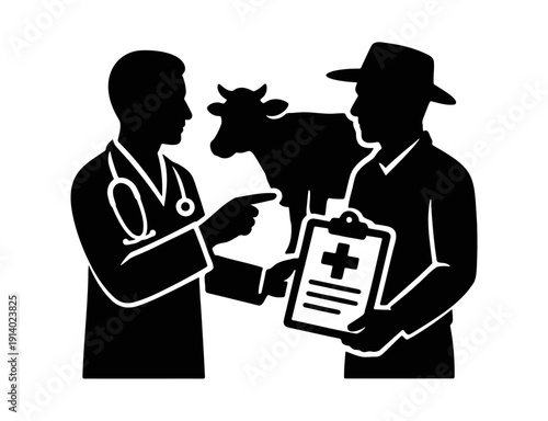 Veterinarian Examining Cow with Farmer Silhouette Vector Illustration