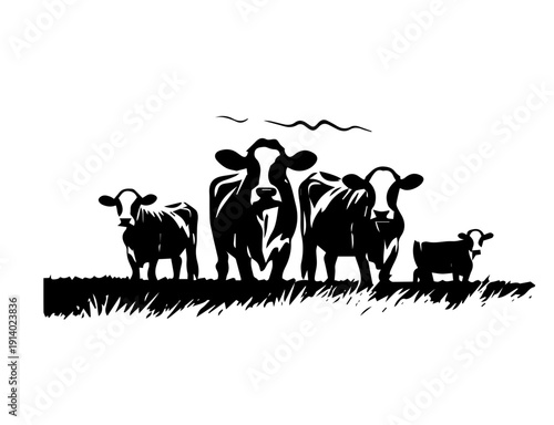 Ink Sketch Style Illustration of Cattle Herd on the Farm