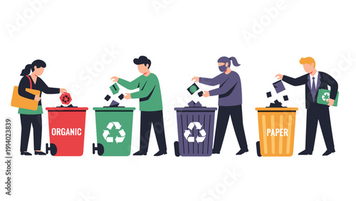 Group of people sorting different types of waste into colorful recycling bins for organic, plastic, glass, and paper to protect environment.