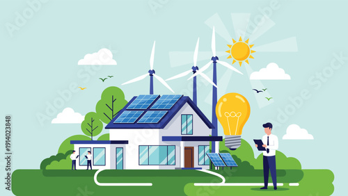 Sustainable modern house powered by solar panels and wind turbines under a bright sun with a professional person monitoring energy levels.