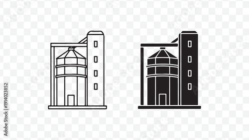 Vector illustration of two contrasting city skyscrapers with glass atrium, one in black and white and the other in white and black isolated on Transparent Background