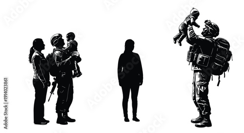Black and white silhouette depicting a soldier returning home reuniting with family after a long deployment overseas