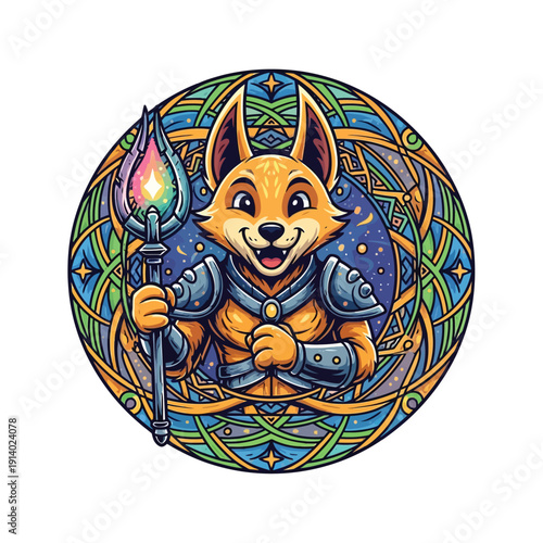 Anthropomorphic Fox Warrior Mascot Holding Magic Staff. Detailed RPG Character Illustration with Colorful Stained Glass Mandala Background.