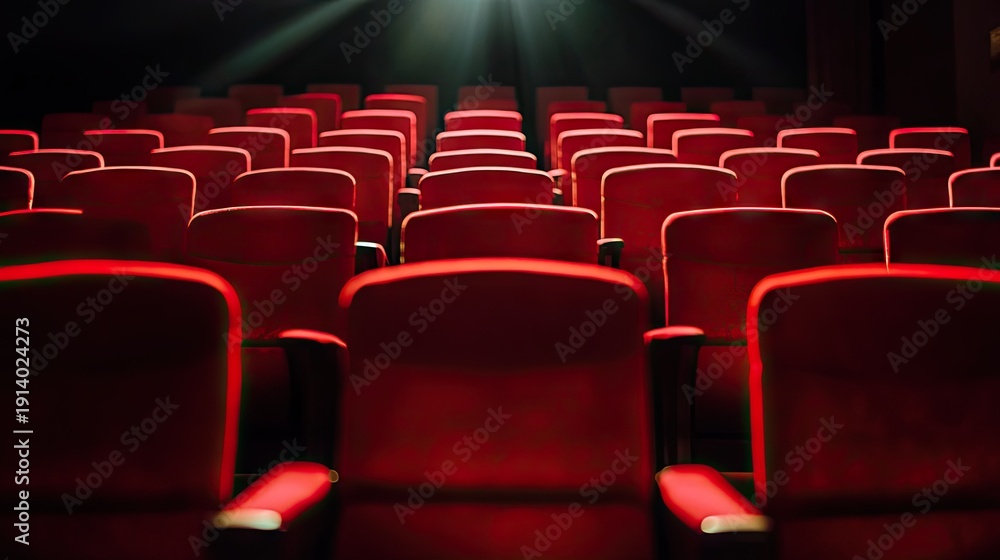 Obraz premium Empty Red Theater Seats with Soft Light Beam in Darkened Cinema Space Creating a Feeling of Anticipation and Artistic Atmosphere for Movie Lovers