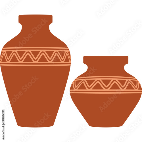 Ancient pottery vases with intricate geometric designs on display