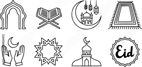 Set of eight islamic line art icons: mosque arch, quran, lanterns, crescent moon and prayer rug
