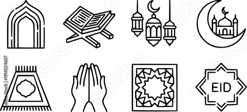 Set of eight islamic line art icons: mosque arch, quran, lanterns, crescent moon and prayer rug