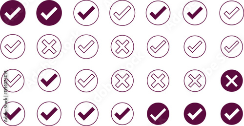 A collection of various checkmarks and crosses in different styles and forms