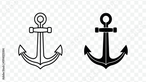 Two black vector anchors with and without outline isolated on Transparent Background