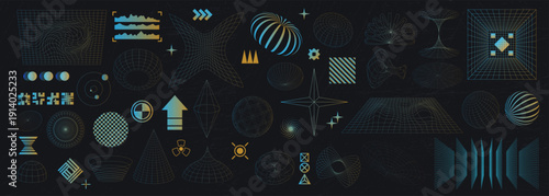 Tech icons. 3D abstract gradient shapes. Futuristic wireframe wave or neon geometry grid. Perspective digital figures. Graphic torus and outline cones. Vector line isolated elements set